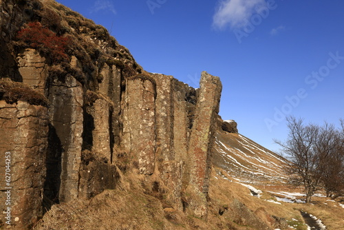 View on Dverghamrar is a group of Icelandic basalt organs located in the south of the country, northeast of the locality of Kirkjubæjarklaustur