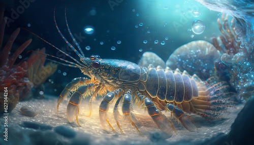 Seafood  live crab and shrimp at the bottom of the ocean. Content created with AI