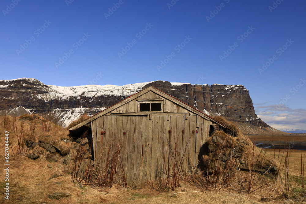 View of an abandoned house in the village of Kalfafell located in the south of Iceland