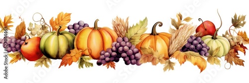 A row of pumpkins  grapes  and wheat. Thanksgiving clipart on white background.
