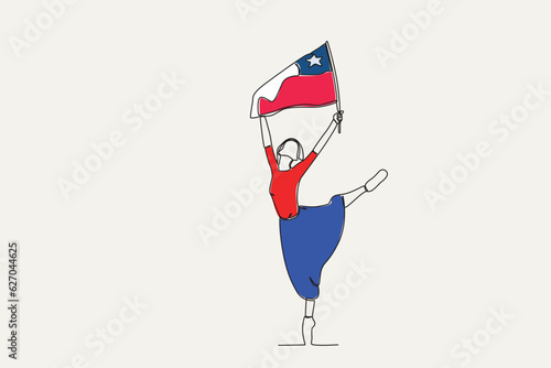 Color illustration of a woman holding up the Chilean flag. Fiestas patrias chile