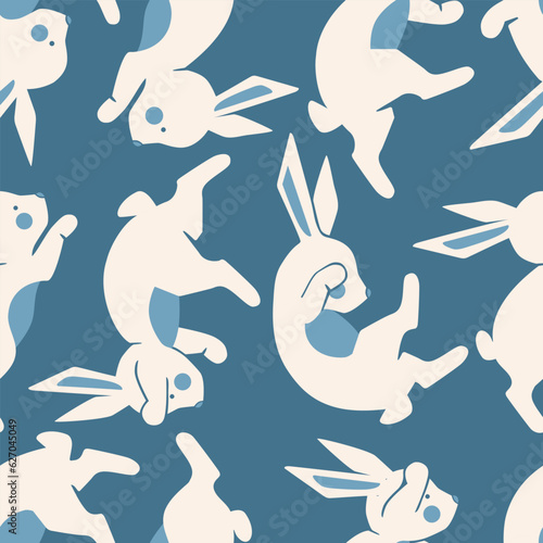 Seamless pattern with cute funny bunnies. Whimsy stylized tile background for home decor, adorable fabric. Folk hygge printable backdrop.