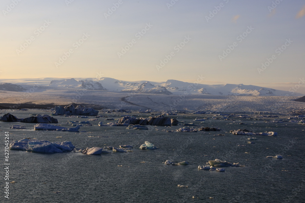 View on Jökulsárlón which is a large glacial lake in southern part of Vatnajökull National Park in the south of Iceland