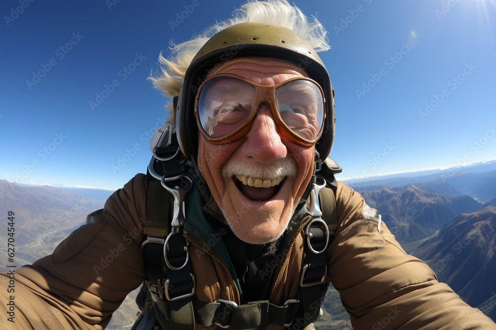 Happy old skydiver, generative ai