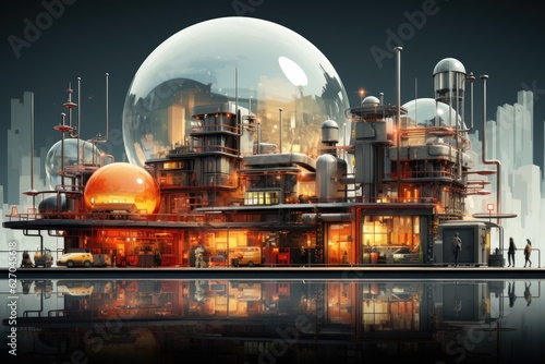 A futuristic city with a giant glass sphere. Abstract futuristic image.