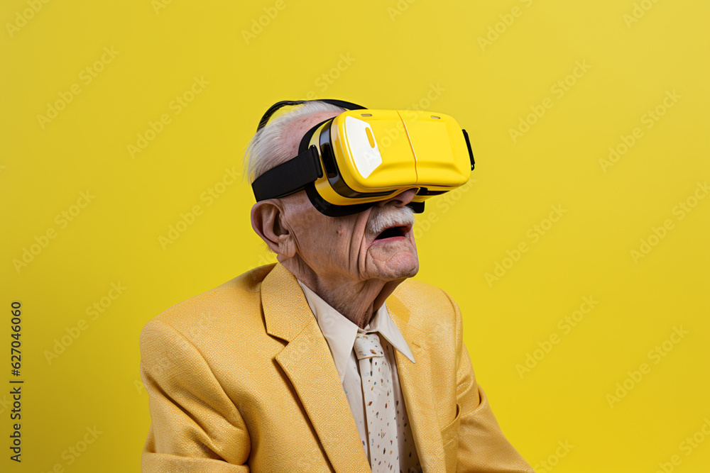 senior person with virtual reality glasses on yellow background senior person with virtual reality glasses on yellow background