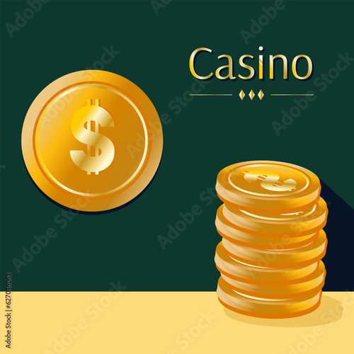 Vector graphics, a handful of gold coins on the table. Bright banner for the casino industry, gambling and more. The concept of winning, profit and luxury.
