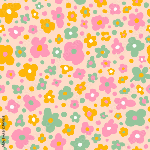 Cute retro flower seamless repeat pattern. Random placed, vector calico botany blooms all over surface print on beige background.