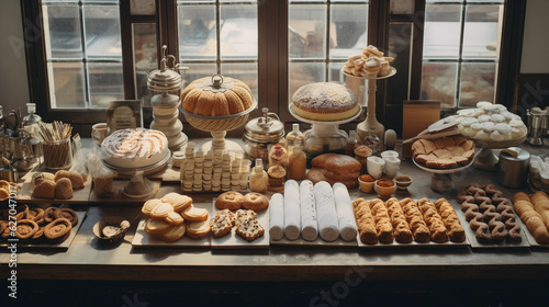 Cinematic overhead shot of a gluten - free bakery, showcasing various breads, pastries, and desserts, beautifully arranged in a bakery display, with a touch of vintage charm © Marco Attano