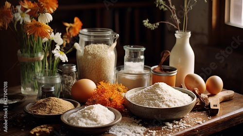 A rustic still life of an array of gluten - free ingredients including buckwheat flour, quinoa, chia seeds, and rice noodles, all on a wooden table, shot in soft morning light