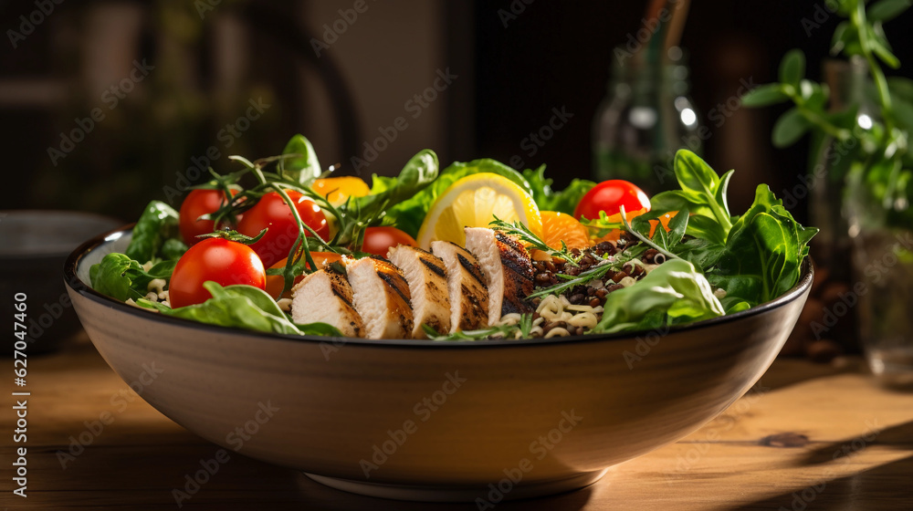 Close - up portrait of a vibrant gluten - free salad bowl with mixed greens, cherry tomatoes, quinoa, grilled chicken, and a lemon vinaigrette, under studio lights