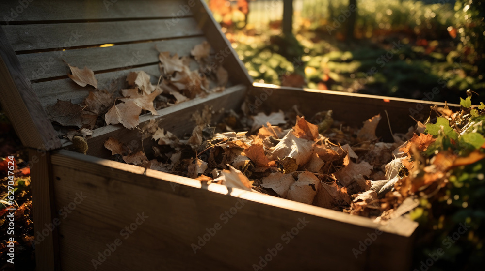 a wooden compost bin, open lid revealing layers of compostable materials - grass clippings, leaves, fruit peels, soft, warm morning light casting long shadows