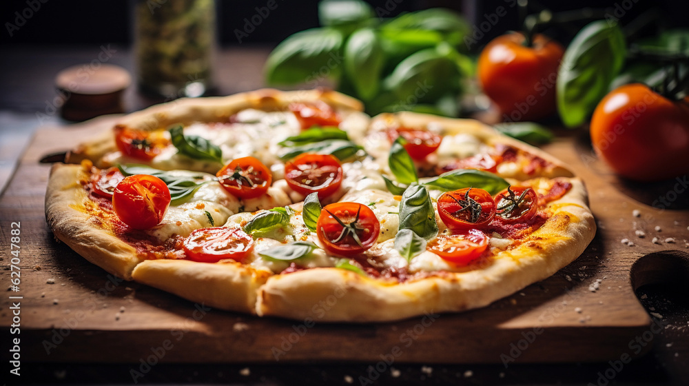 a gluten - free homemade pizza with a crispy crust, melted mozzarella, fresh basil, and cherry tomatoes, shot on a rustic wooden table, natural light