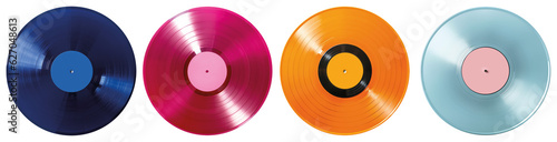 Collection of various color vinyl records with paper labels isolated on transparent background