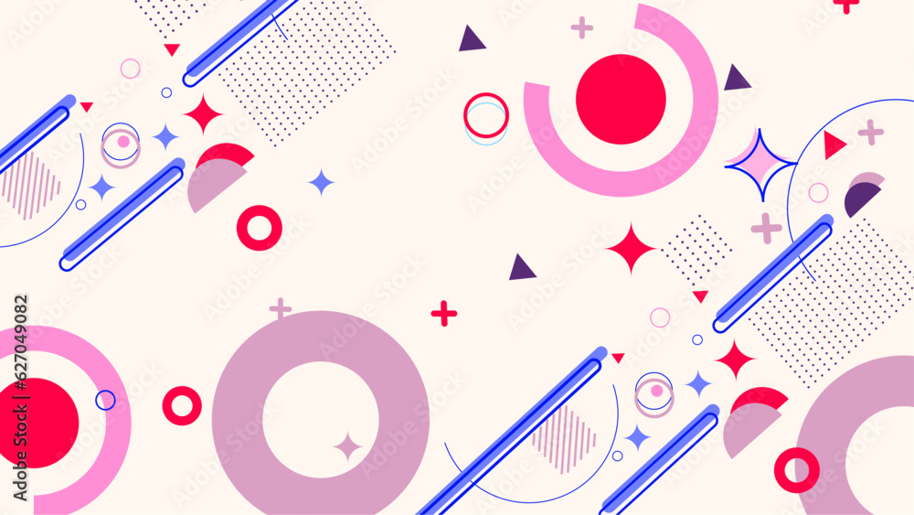 Obraz premium Memphis geometric background with abstract element shapes. Graphic minimal texture for holiday poster, card, social media. Abstract pattern with circle, halftone dots. Geometry banner. vector