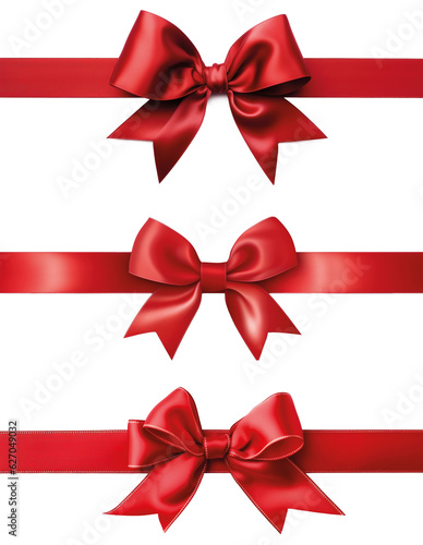 collection of Shiny red ribbon with bow isolated on transparent background