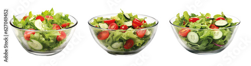 Group of Green salad with avocado, tomato, cucumber and fresh vegetables isolated on transparent background