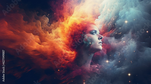 A human face coming out of a nebula in outer space, self-knowledge, spiritual awakening, being one with the universe concept.