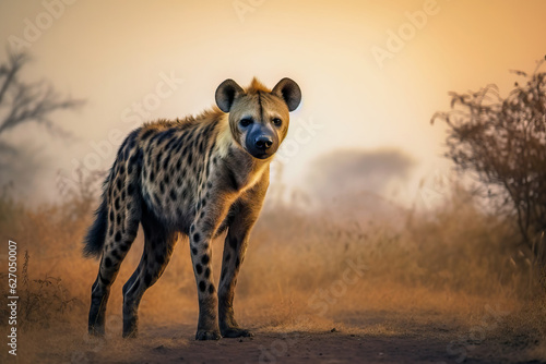 Portrait of a Hyena in the wild savanna at sunset. Amazing African Wildlife. Generative Ai
