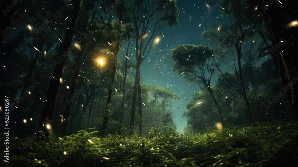 Enchanted Forest. Wide-Angle Swarm of Fireflies Lighting Up a Glade with Magical Glow. AI Generative Enchanted Forest. Wide-Angle Swarm of Fireflies Lighting Up a Glade with Magical Glow. AI Generative