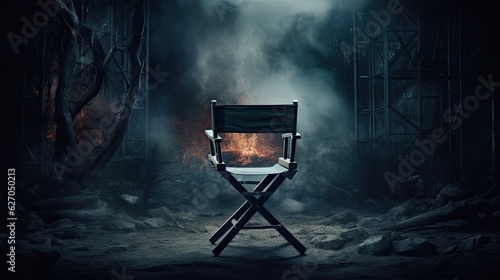 An empty director chair in front of an empty film set. Gloomy background photo