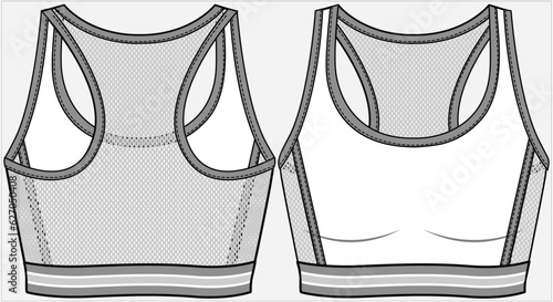 CROP SPORTY RACER BACK SLEEVELESS TOP WITH PRINCESS SEAM DETAIL AND SPORTY TEXT TAPE ON WAIST FOR SUPPORT ATHLEISURE PERFORMANCE KNIT TOP DESIGN FOR WOMEN AND GIRLS IN VECTOR FILE