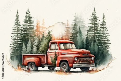 Watercolor illustration of a red truck with pine trees, perfect for Christmas and New Year celebration. Generative AI