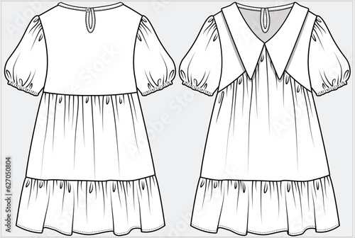 EMPIRE CUT PETERPAN COLLAR PUFF SLEEVES TIERED DRESS DESIGNED FOR TEEN AND KID GIRLS IN EDITABLE VECTOR FILE