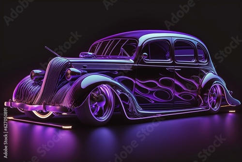 Clothed car showcased in vibrant purple lighting. 3D digital art. Generative AI