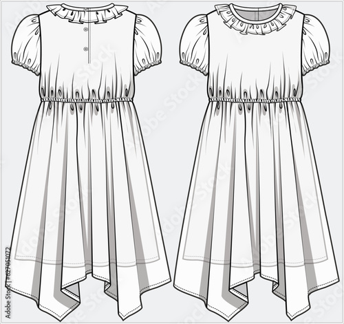 PUFF SLEEVES FRILL NECKLINE CHIFFON GEORGETTE WOVEN DRESS WITH HANDKERCHIEF HEMLINE DETAIL DESIGNED FOR TEEN GIRL AND KID GIRLS IN EDITABLE VECTOR