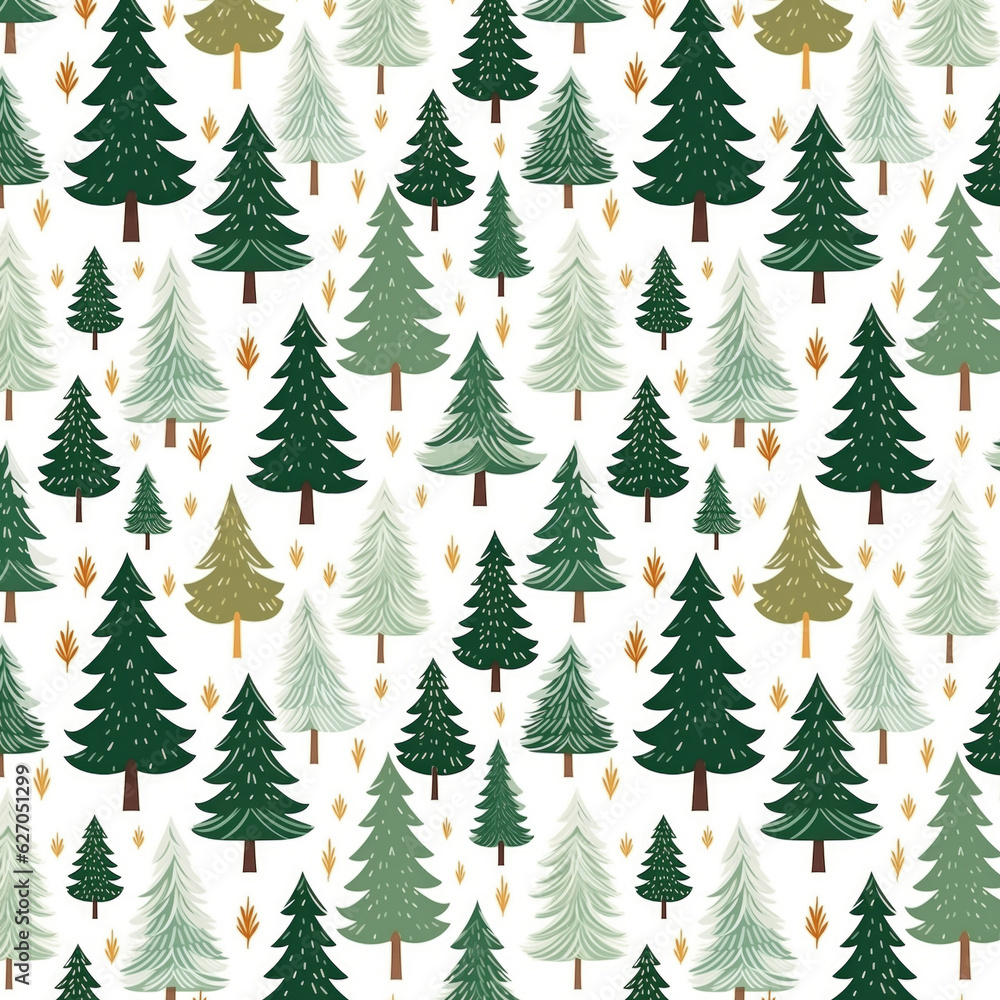 Green pine trees on white background, watercolor seamless Christmas pattern, Generative AI