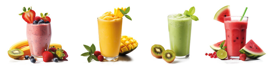 Row of healthy fresh fruit and vegetable smoothies with assorted ingredients served in glass bottles with straws isolated on transparent background
