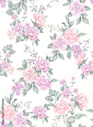 Watercolor flowers pattern, neutral tropical elements, green leaves, white background, seamless