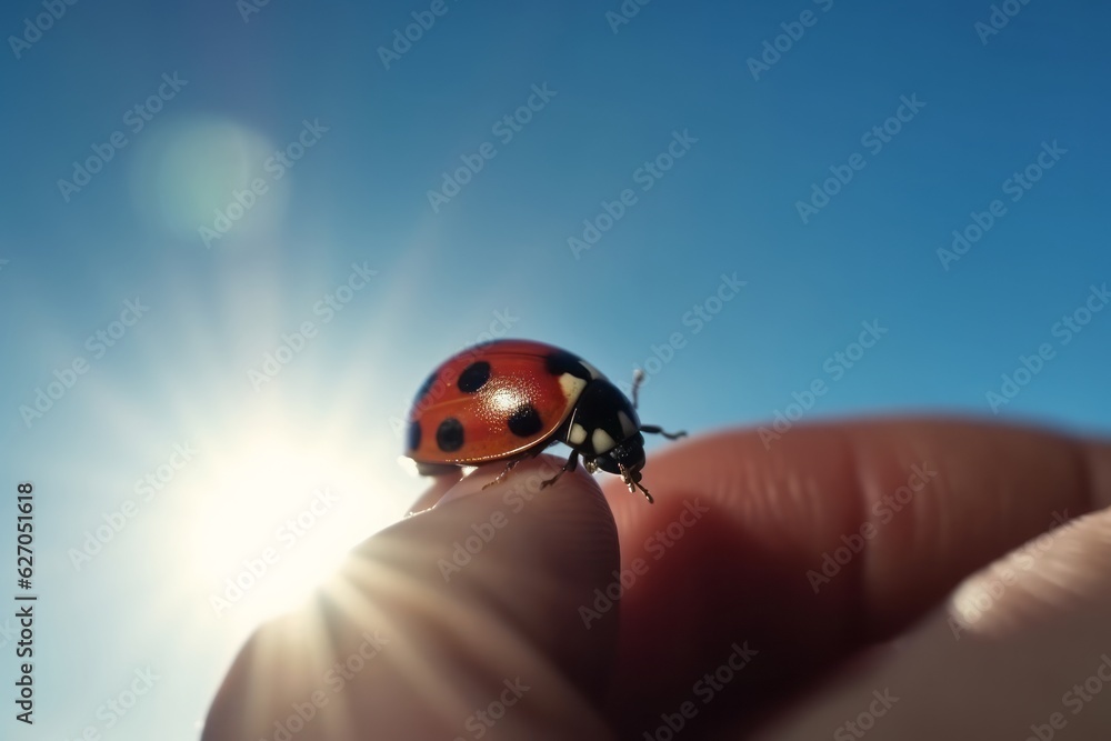 Ladybug on Fingertip Against a Serene Blue Sky Ladybug on Fingertip Against a Serene Blue Sky