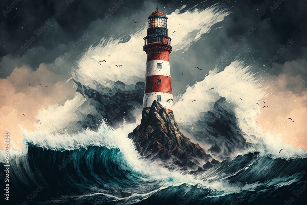 Illustration of lighthouse in rough sea. Generative AI