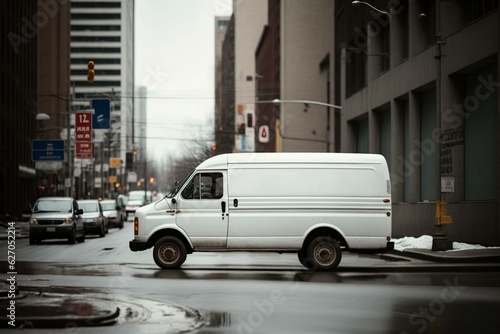 A white cargo van driving through urban streets. Generative AI