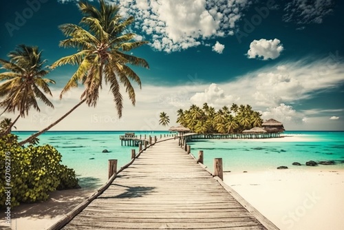 Panoramic view of a Maldives beach with palm trees, wooden pier, and beach bar. Perfect for tropical vacation & summer holiday background. Generative AI