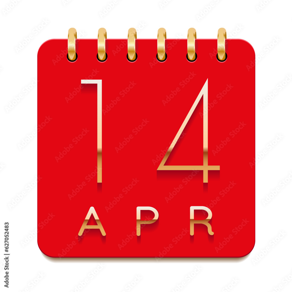 14 day of the month. April. Luxury calendar daily icon. Date day week Sunday, Monday, Tuesday, Wednesday, Thursday, Friday, Saturday. Gold text. Red paper. Vector illustration. 14 day of the month. April. Luxury calendar daily icon. Date day week Sunday, Monday, Tuesday, Wednesday, Thursday, Friday, Saturday. Gold text. Red paper. Vector illustration.