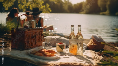 Picnic by the lake made with Ai generative, People are fictional