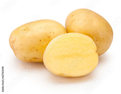 Raw potatoes freshly cut in half isolated on white background