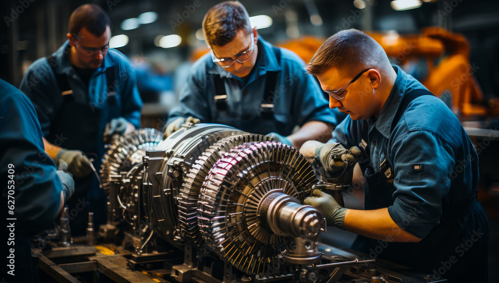 Jet engine is maintained by the team of professionals in the Air force base. Uniformed men in protective goggles stand near the big engine. Generative AI. Jet engine is maintained by the team of professionals in the Air force base. Uniformed men in protective goggles stand near the big engine. Generative AI.
