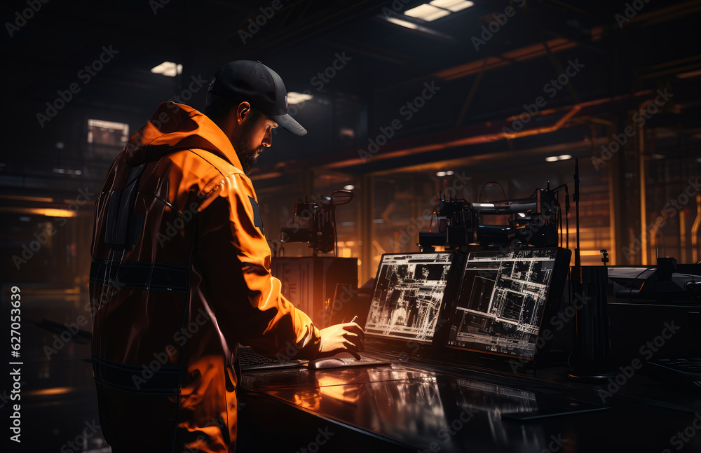 Side view of a male engineer wearing orange romper and black cap. Professional stands at the working computer screens in the dark interior. Generative AI. Side view of a male engineer wearing orange romper and black cap. Professional stands at the working computer screens in the dark interior. Generative AI.