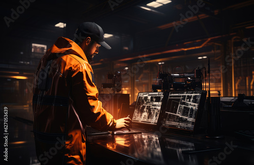 Side view of a male engineer wearing orange romper and black cap. Professional stands at the working computer screens in the dark interior. Generative AI.