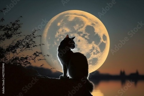 A cat looking at the moon. Generative AI