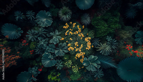 An immersive drone view of a lush jungle  dense foliage stretching as far as the eye can see  Created using generative AI tools