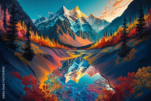 Mesmerizing scenery of river and mountains with vivid hues. Illusory art. Generative AI