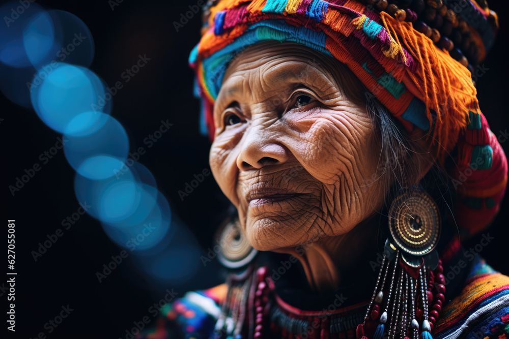 A Glimpse of  Tribe Culture. Close-Up Portrait of an Elderly Hmong Woman with Rich Heritage. AI Generative 