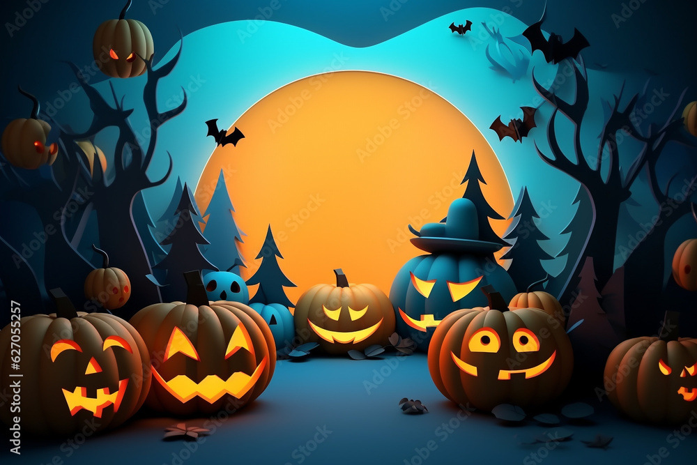 spooky halloween illustration for kids carwed pumpkins and copy space in the middle. High quality photo