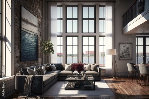 High-end flats featuring wide sea vistas from panoramic windows, sleek decor, stone accent walls, and loft-inspired elements. Generative AI © Isabela