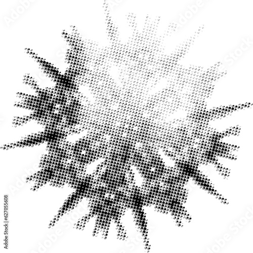 Halftone spotted mandala with a train of shapeless shadows and penumbra with a highlighted upper sector. Shear simulation, fuzzy, defocused image. Vector.